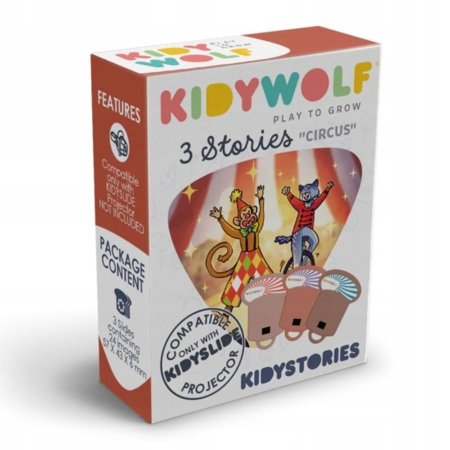 KIDYWOLF jutukomplekt Tsirkus, 3 lugu KIDYSLIDE projektorile, KIDYSTORIES-CI 
