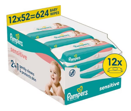 PAMPERS niisked salvrätikud Wipes Sensitive Plastic Free, 12x52 vnt., 80874487 
